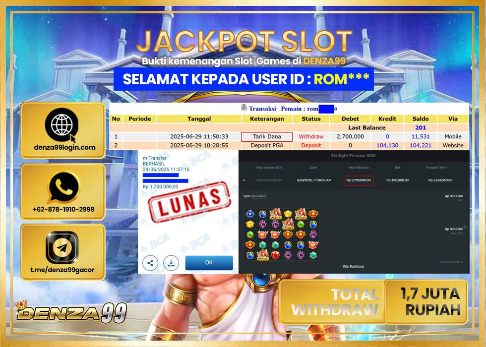 DENZA99 JACKPOT STARLIGHT PRINCESS 1000 Rp.2.700.000- LUNAS